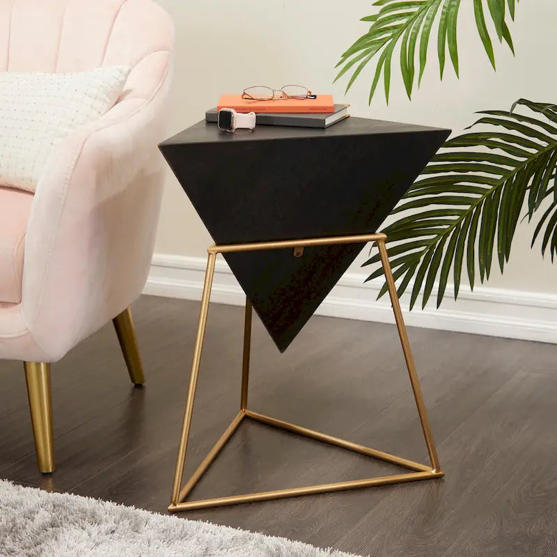 Wood Geometric Inverted Pyramid Accent Table with Metal Stand - Black or White - Roche River Decor