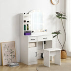 Vanity Table with Lighted Mirror and 3 Drawers and Storage Cabinet