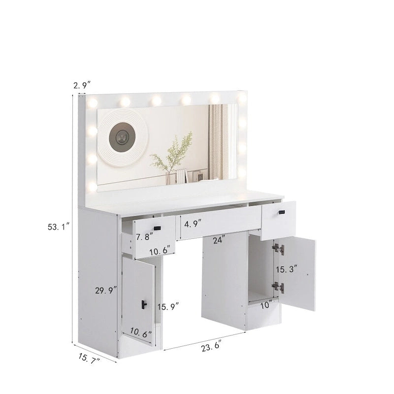 Vanity Table with Lighted Mirror and 3 Drawers and Storage Cabinet