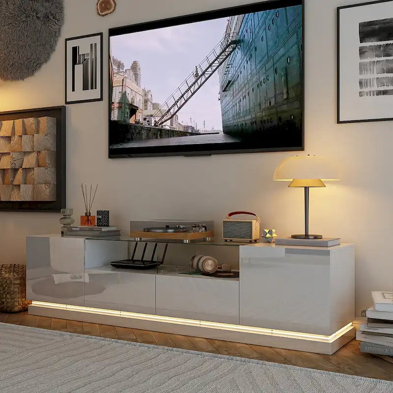 White LED TV Stand 70 TV High Gloss TV Entertainment Center Glass Top