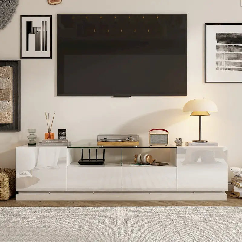 White LED TV Stand 70 TV High Gloss TV Entertainment Center Glass Top