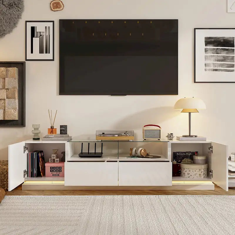 White LED TV Stand 70 TV High Gloss TV Entertainment Center Glass Top