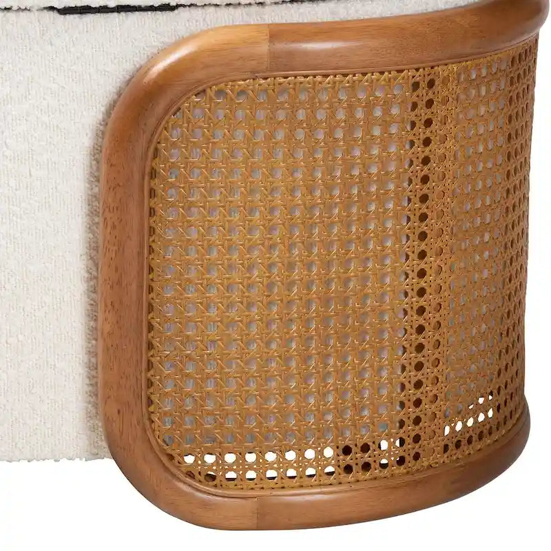 Basira Japandi Cream Boucle Fabric Storage Bench with Woven Rattan