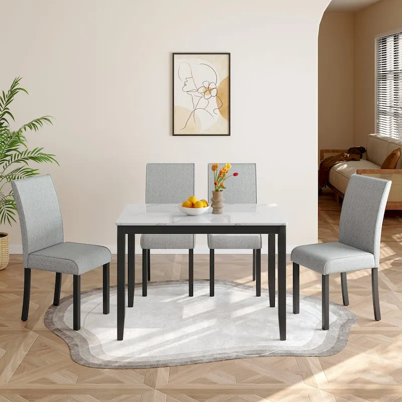 Corvus Fowey 5-piece Dining Set, Marble Sticker MDF Table and 4 Upholstered Chairs