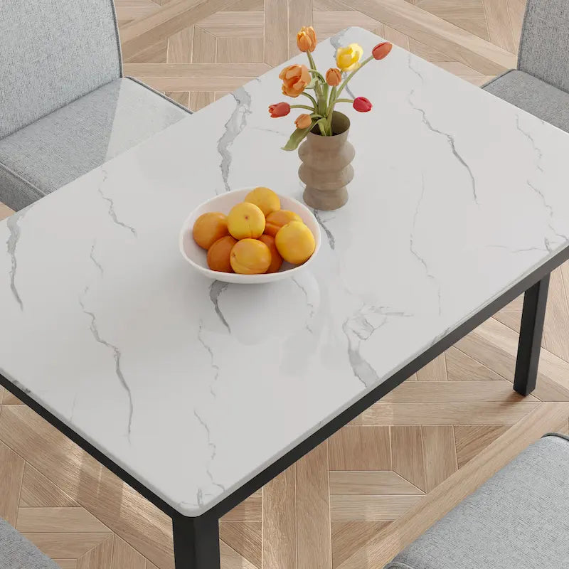 Corvus Fowey 5-piece Dining Set, Marble Sticker MDF Table and 4 Upholstered Chairs