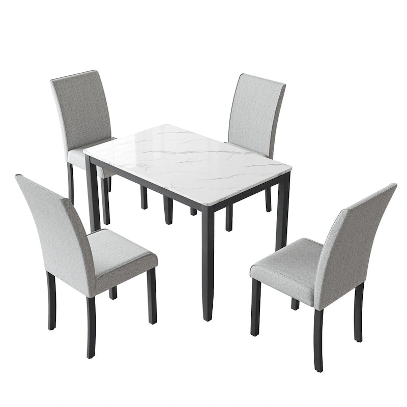 Corvus Fowey 5-piece Dining Set, Marble Sticker MDF Table and 4 Upholstered Chairs