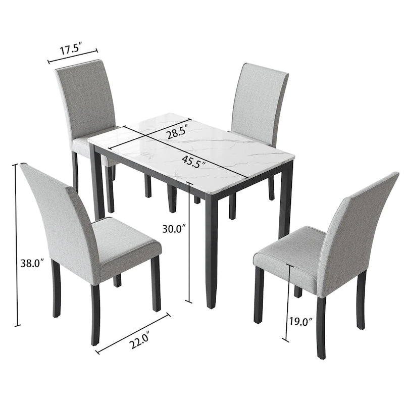 Corvus Fowey 5-piece Dining Set, Marble Sticker MDF Table and 4 Upholstered Chairs