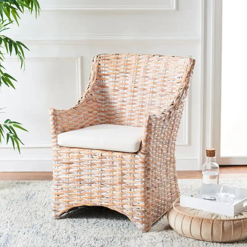Distressed Brown Woven Rattan Wingback Armchair (Fully Assembled)