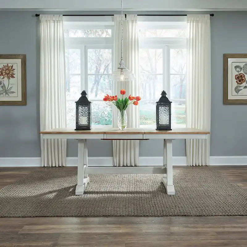 Lindsey Farm Weathered White & Sandstone 7 Piece Trestle Table Set