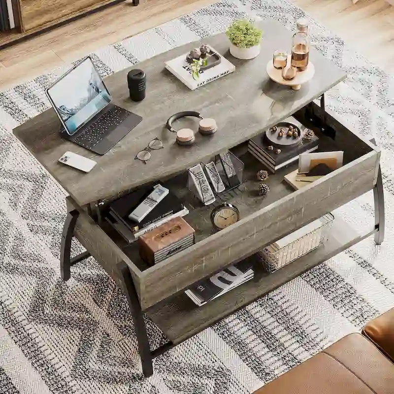 Lift Top Coffee Table Oval Wood Table with Hidden Storage Shelves - 41.5 inch