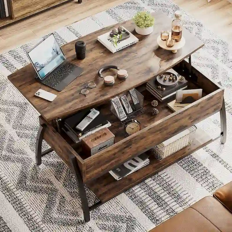 Lift Top Coffee Table Oval Wood Table with Hidden Storage Shelves - 41.5 inch