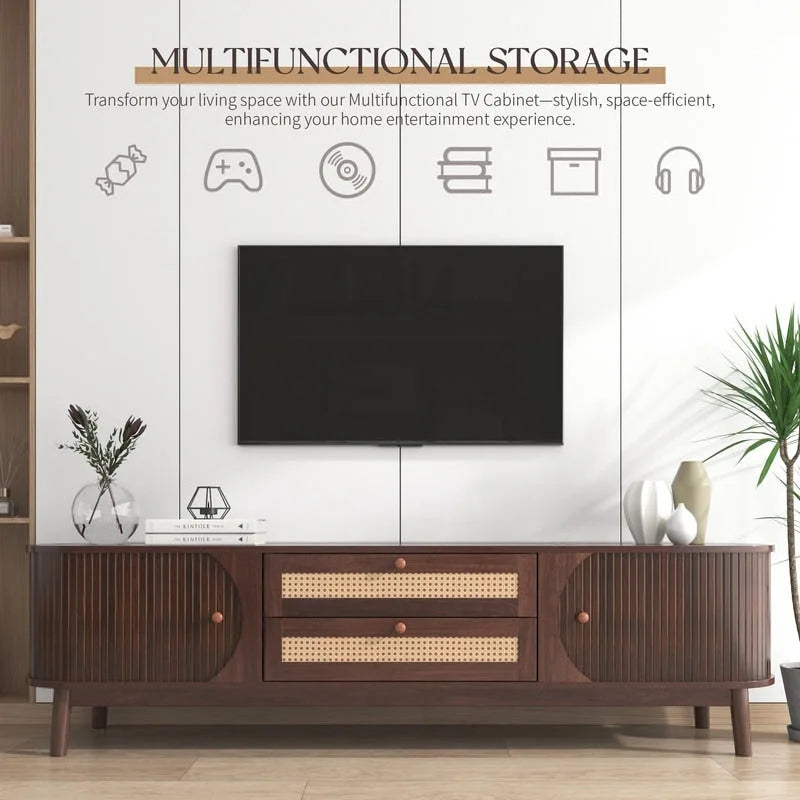 Rattan TV Stand for TVs up to 75Modern Farmhouse Media Console,Entertainment Center with Solid Wood Legs