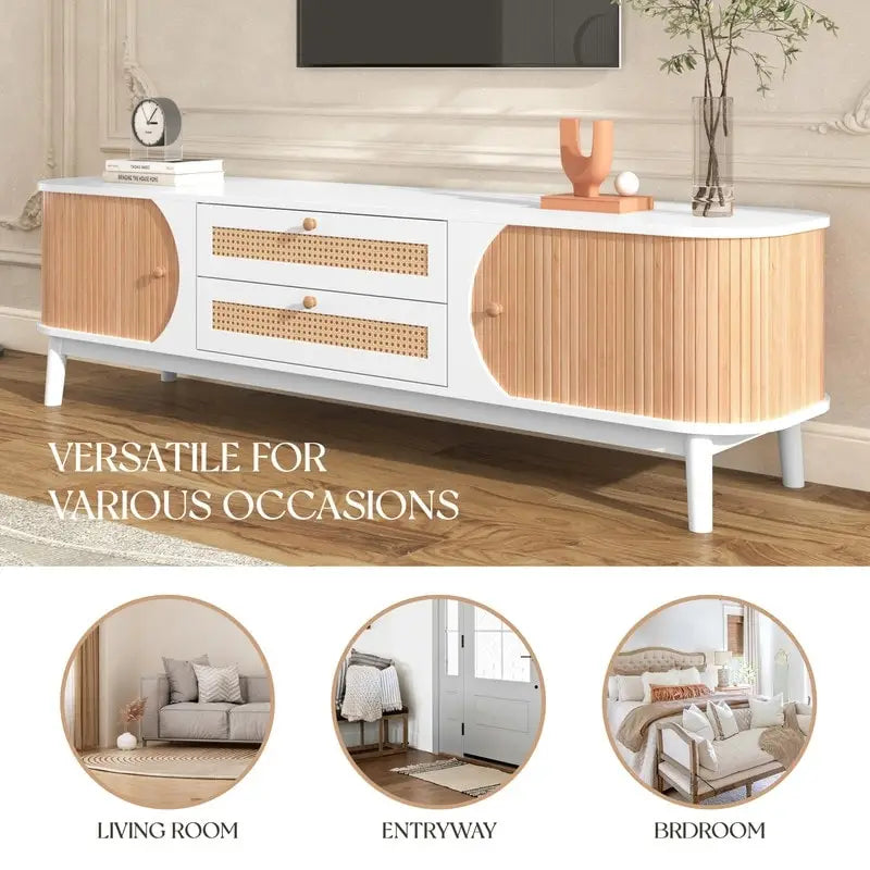 Rattan TV Stand for TVs up to 75Modern Farmhouse Media Console,Entertainment Center with Solid Wood Legs