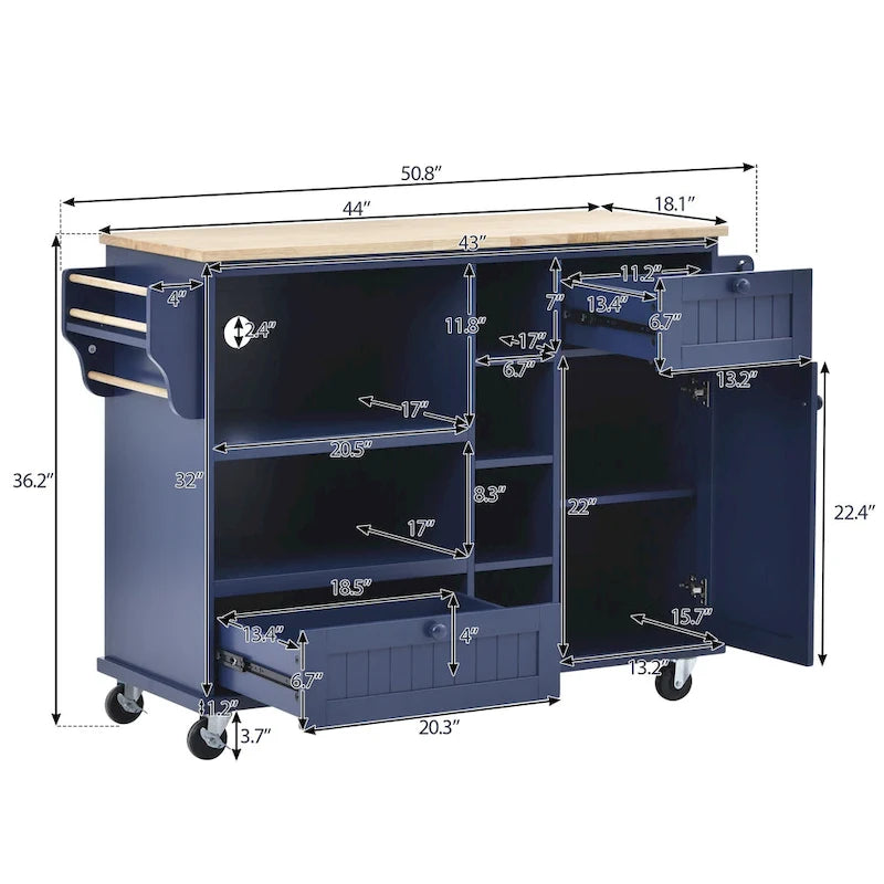 Kitchen Island Cart with Solid Wood Top and Locking Wheels