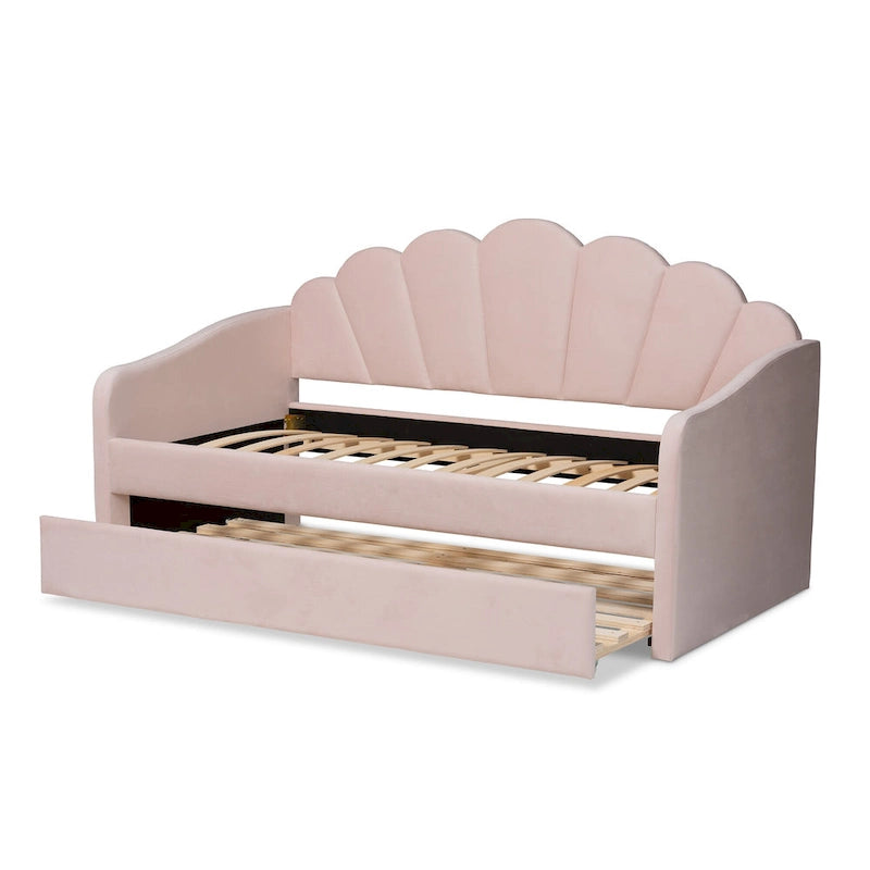 Timila Modern Velvet Upholstered Daybed with Trundle-Light Pink