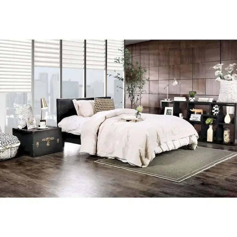 Furniture of America Gols Modern Black Faux Leather Padded Platform Bed
