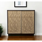 HomeRoots 32 Dark Brown And Natural Carved Floral Sideboard with Two Doors