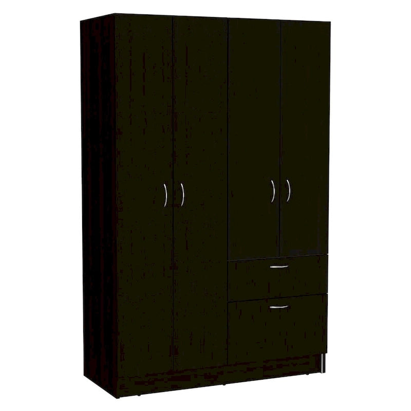 Wardrobe — Equipped With Two Double-Door Cabinets, Drawers, Five Built-In Shelves, A Hanging Rod, And A Pull-Down Storage Unit.