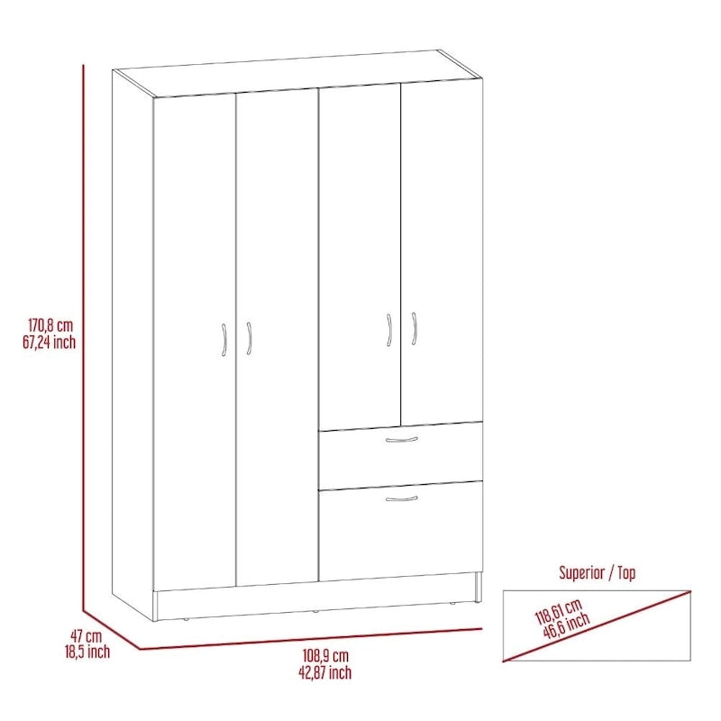 Wardrobe — Equipped With Two Double-Door Cabinets, Drawers, Five Built-In Shelves, A Hanging Rod, And A Pull-Down Storage Unit.