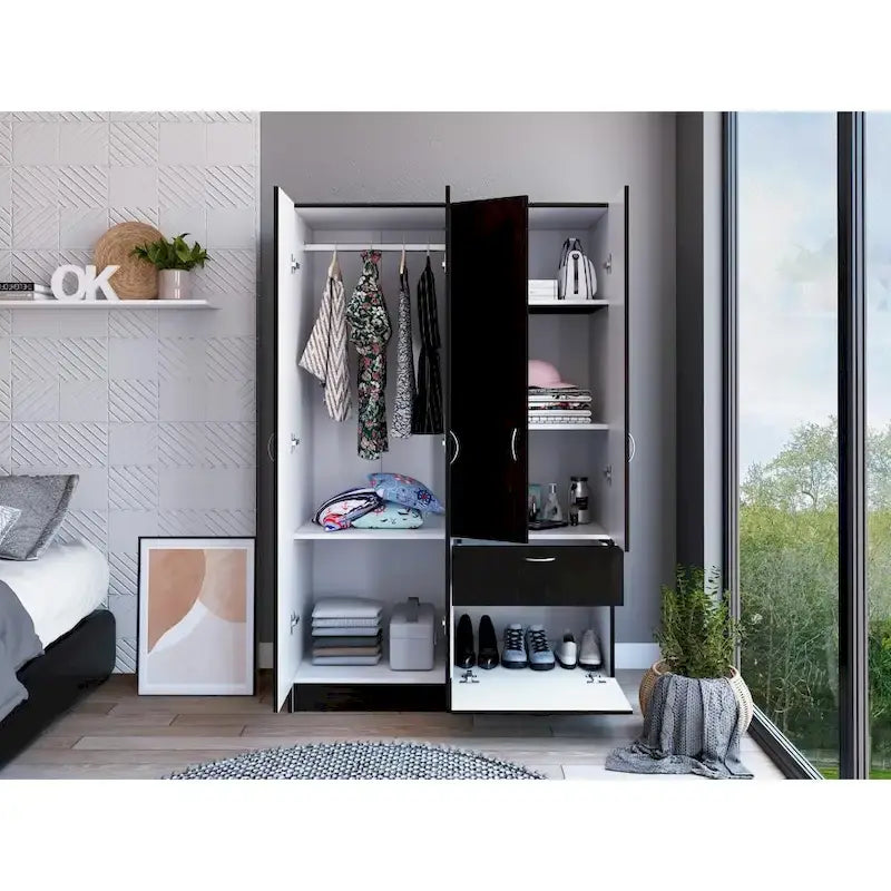 Wardrobe — Equipped With Two Double-Door Cabinets, Drawers, Five Built-In Shelves, A Hanging Rod, And A Pull-Down Storage Unit.