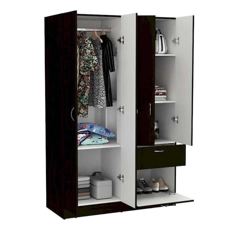 Wardrobe — Equipped With Two Double-Door Cabinets, Drawers, Five Built-In Shelves, A Hanging Rod, And A Pull-Down Storage Unit.