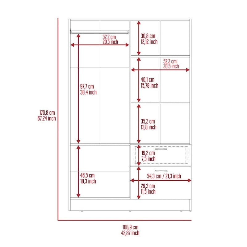 Wardrobe — Equipped With Two Double-Door Cabinets, Drawers, Five Built-In Shelves, A Hanging Rod, And A Pull-Down Storage Unit.
