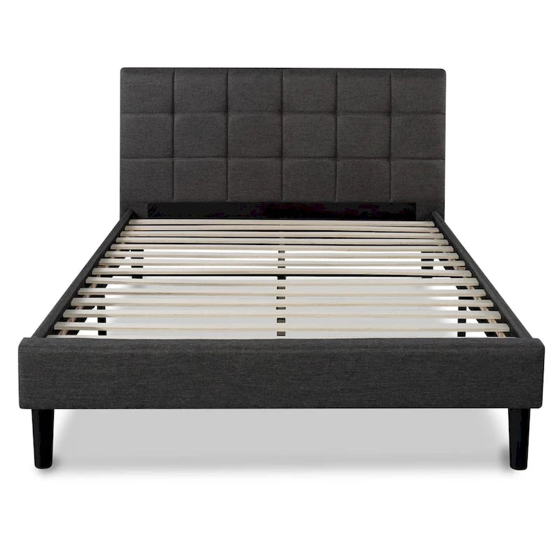 Extra-Large Platform Bed Frame with Gray Quilted Grid Stitching