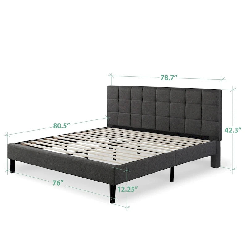 Extra-Large Platform Bed Frame with Gray Quilted Grid Stitching