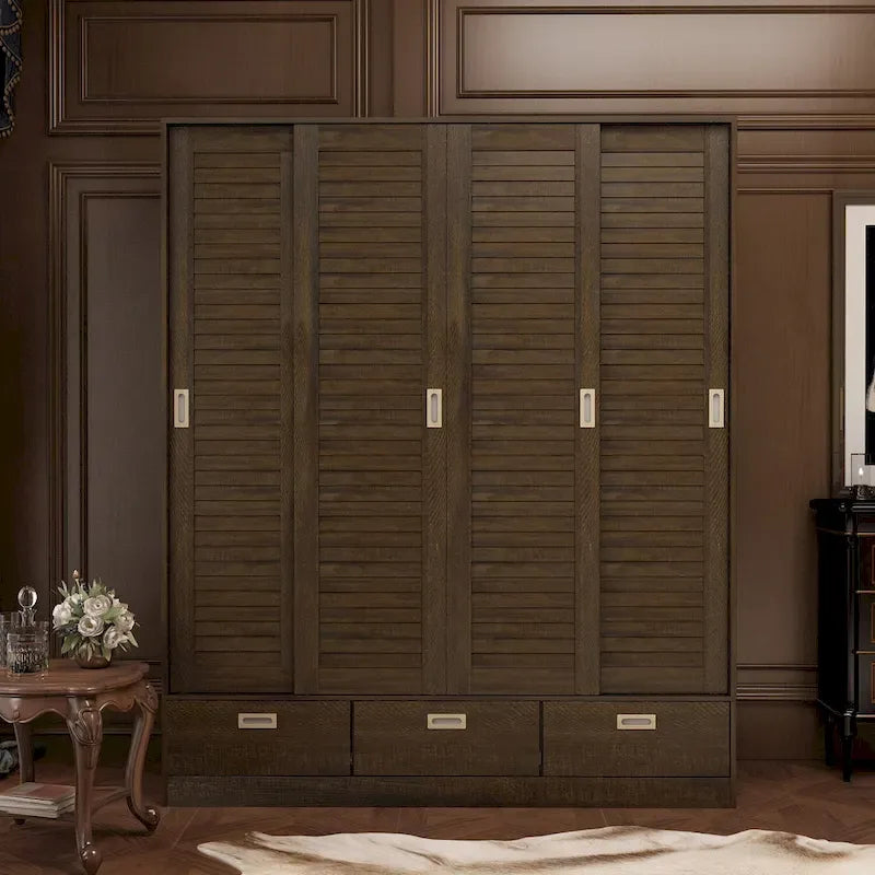 Brown Wood Grain Wardrobe with Drawers, Hanging Rod 4 Sliding Doors