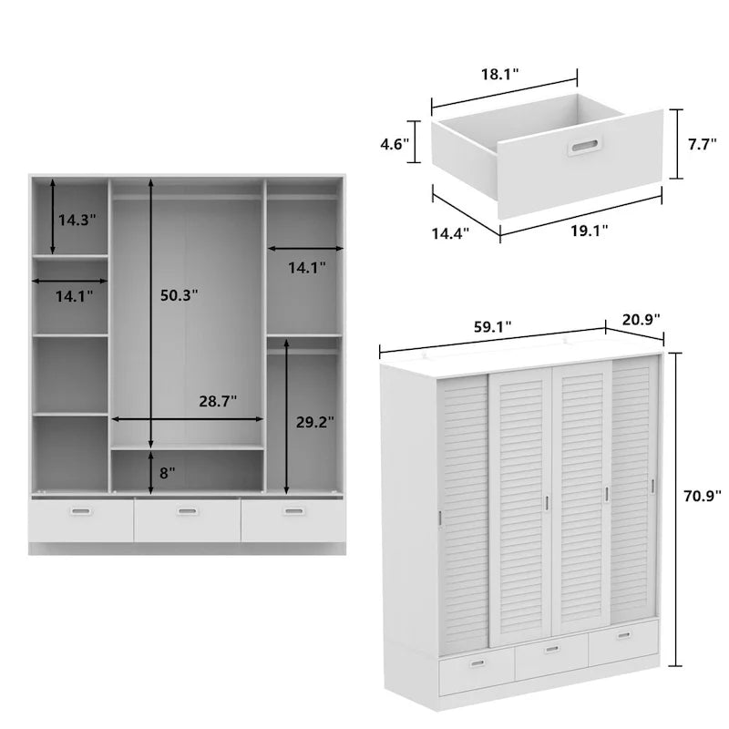 Brown Wood Grain Wardrobe with Drawers, Hanging Rod 4 Sliding Doors
