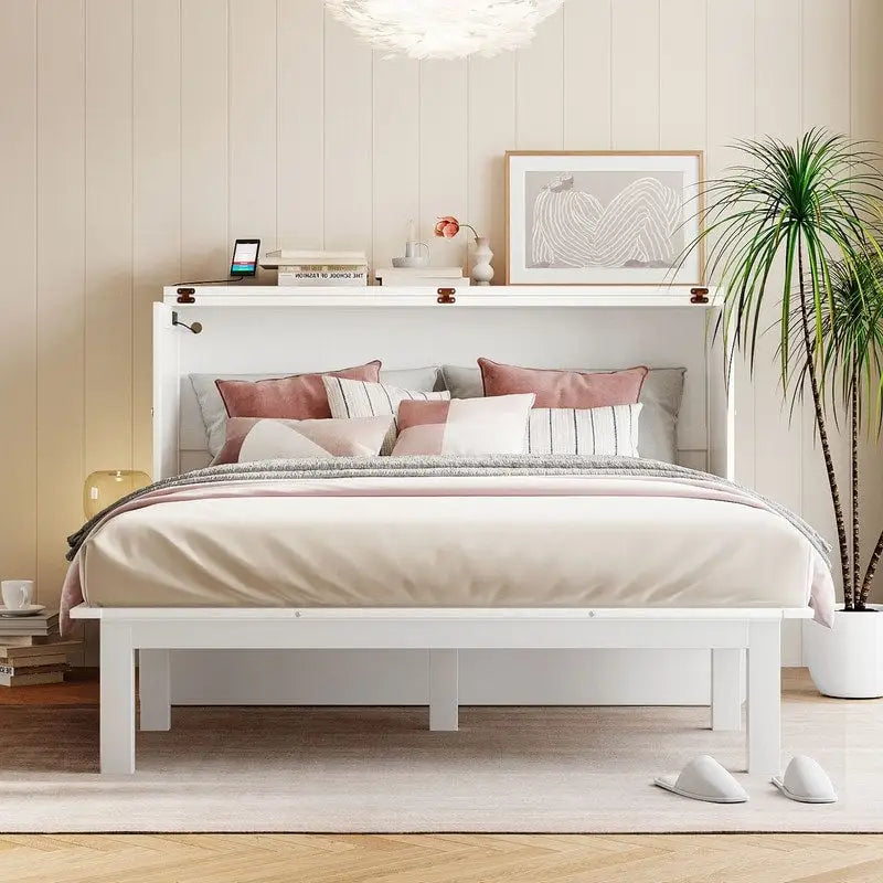 Queen Size Murphy Bed Chest with Desk, USB Port,Removable Shelves on Each Side