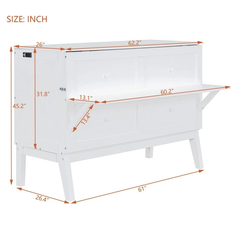 Queen Size Murphy Bed Chest with Desk, USB Port,Removable Shelves on Each Side
