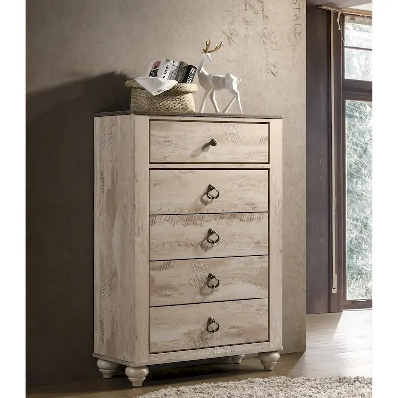 Roundhill Furniture Imerland Contemporary White Wash Finish Bedroom Set with Sleigh Bed, Dresser, Mirror, Nightstand, Chest