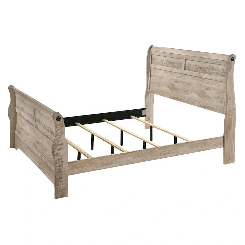 Roundhill Furniture Imerland Contemporary White Wash Finish Bedroom Set with Sleigh Bed, Dresser, Mirror, Nightstand, Chest