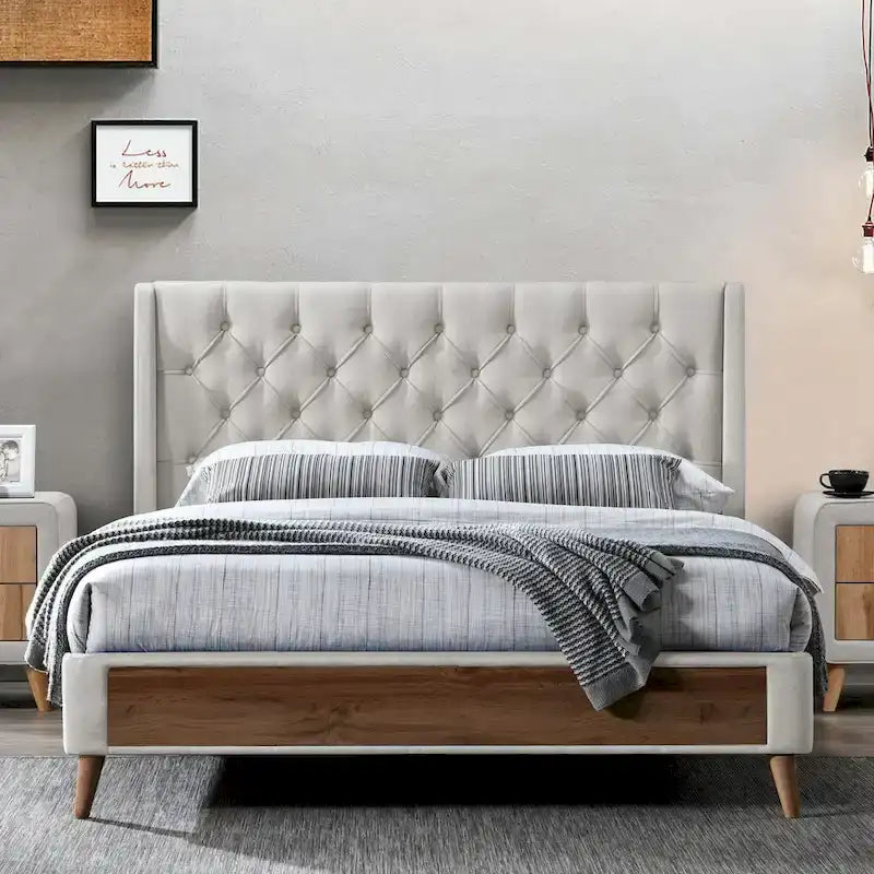 Arlo Button Tufted Beige Fabric Bed