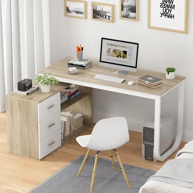 Timechee 55-inch L Shaped Office Computer Desk w/ Drawers, Wood