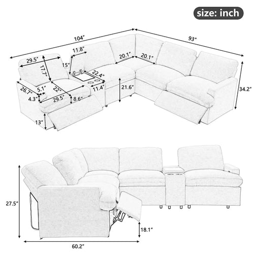 104 Power Recliner Corner Sofa Home Theater Reclining Sofa Sectional Couches with Storage Box, Cup Holders, USB Ports and Powe