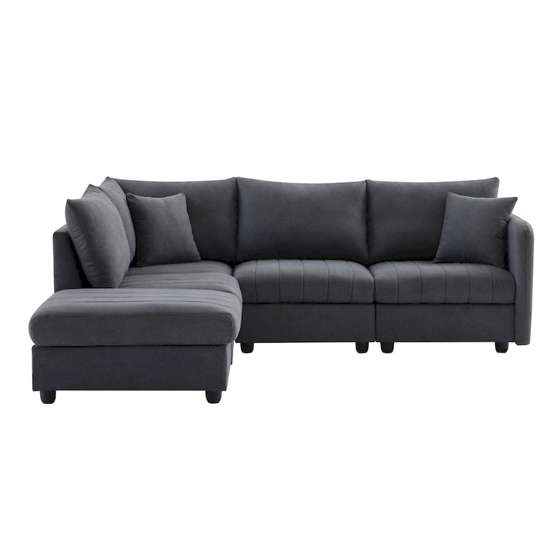 [VIDEO provided][New]89*79Modern Sectional Sofa with Vertical Stripes,2 Pillows,5-Seat Couch with Convertible Ottoman,Various C