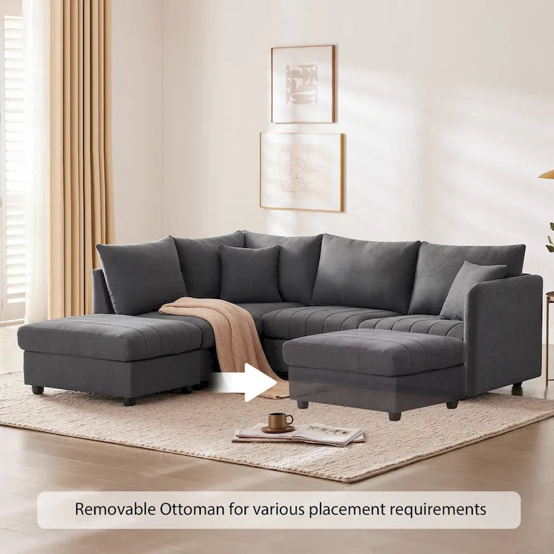 [VIDEO provided][New]89*79Modern Sectional Sofa with Vertical Stripes,2 Pillows,5-Seat Couch with Convertible Ottoman,Various C