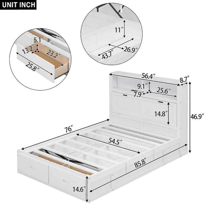 Wood Full Size Hydraulic Platform Bed with Storage LED Headboard, Charging Station and 2 Drawers, Gray
