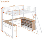 Full Size Metal Loft Bed with 3 Layers of Shelves and L-shaped Desk, Black