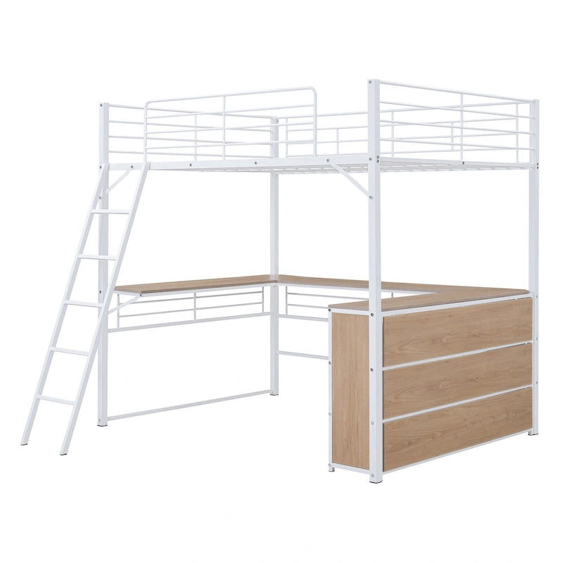 Full Size Metal Loft Bed with 3 Layers of Shelves and L-shaped Desk, Black