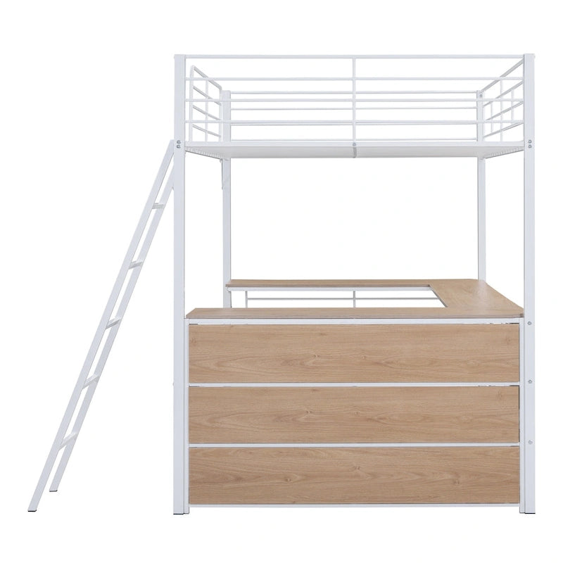 Full Size Metal Loft Bed with 3 Layers of Shelves and L-shaped Desk, Black