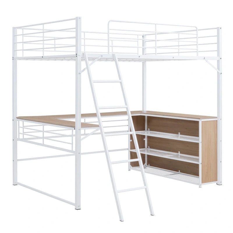 Full Size Metal Loft Bed with 3 Layers of Shelves and L-shaped Desk, Black