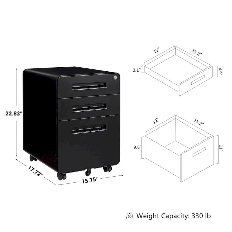 3-drawer Steel Filing Cabinets with Lock Mobile Under Desk Fully Assembled Cabinet