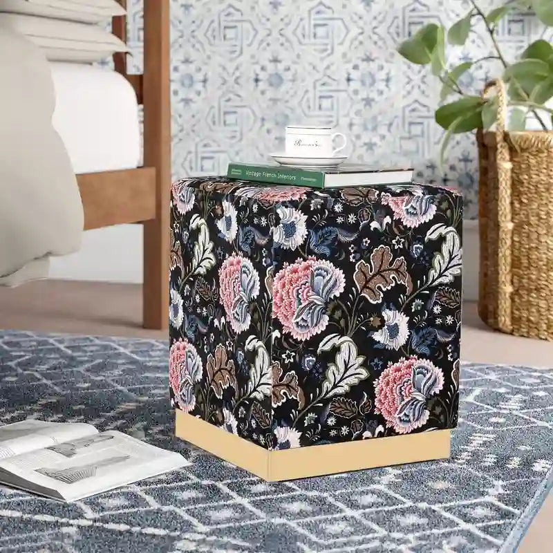 Adeco Square Velvet Ottoman Upholstered Stool Vanity Gold Plating Base
