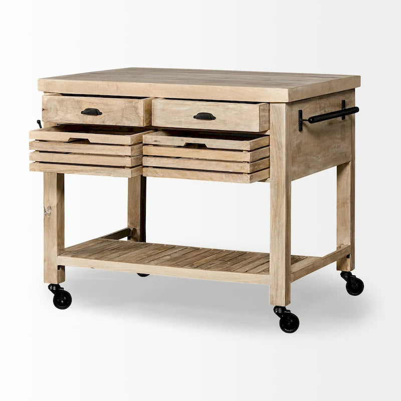 Columbia II Light Brown Base w/Black Iron, Rolling Kitchen Island - 46W x 32D x 36H