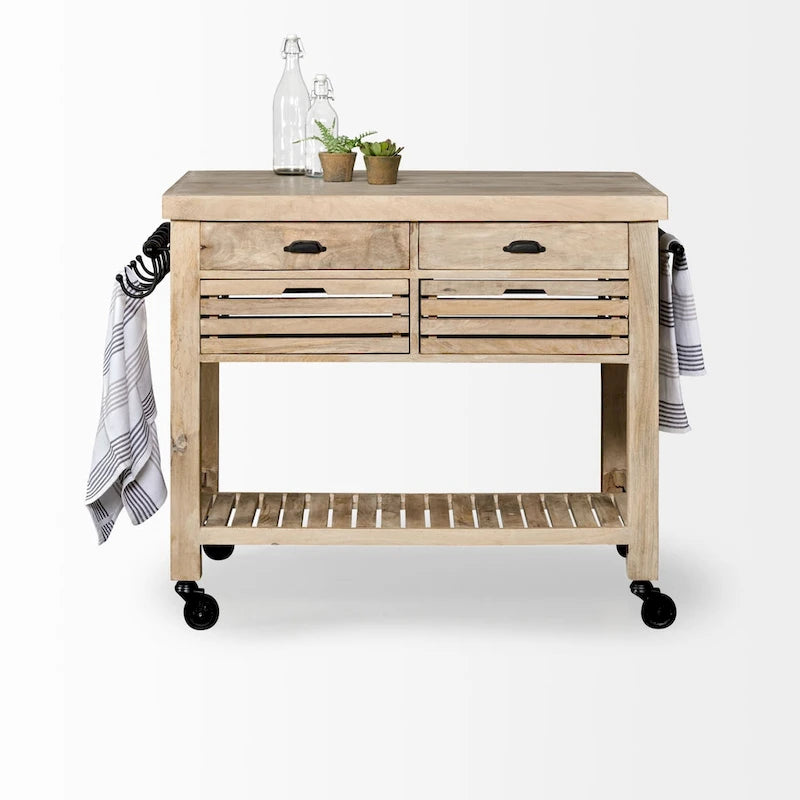 Columbia II Light Brown Base w/Black Iron, Rolling Kitchen Island - 46W x 32D x 36H