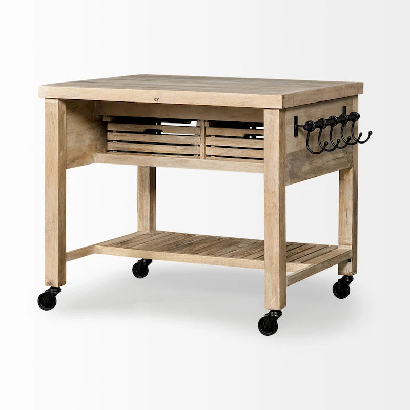 Columbia II Light Brown Base w/Black Iron, Rolling Kitchen Island - 46W x 32D x 36H