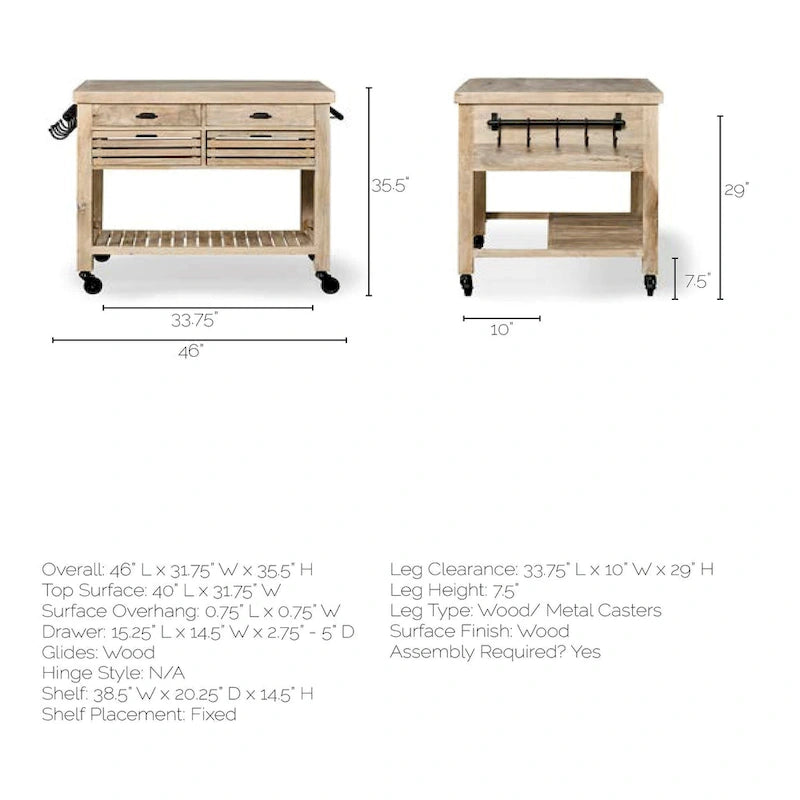 Columbia II Light Brown Base w/Black Iron, Rolling Kitchen Island - 46W x 32D x 36H